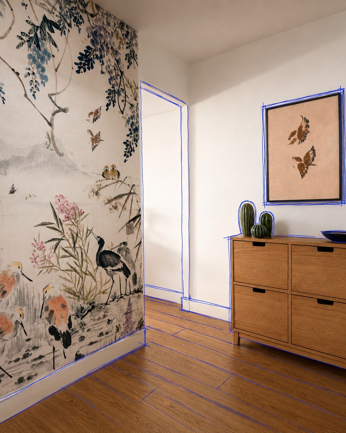 Entrada interior con inspiración japonesa, banco de madera y almacenaje