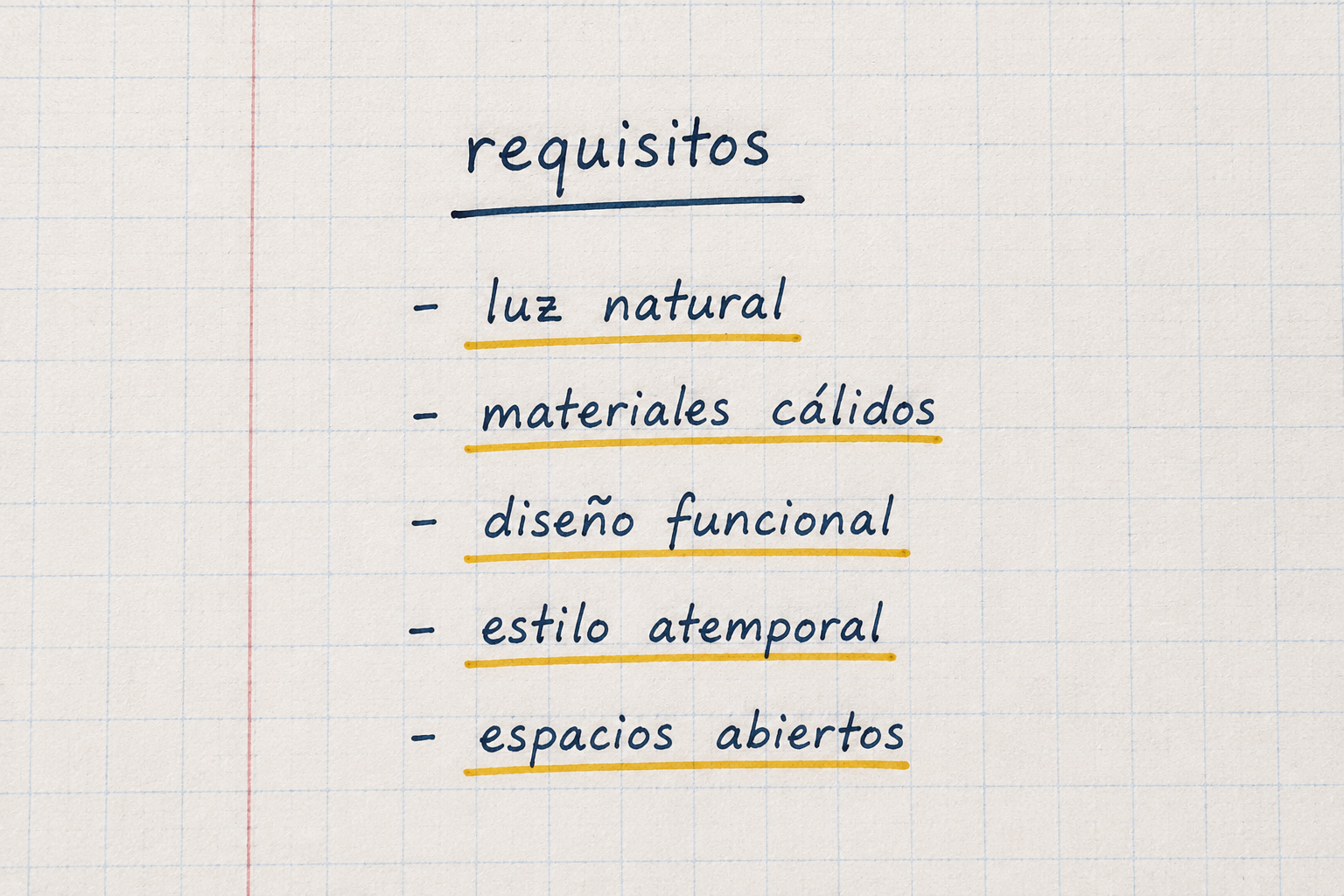 Nota manuscrita en papel de cuadros con requisitos del cliente para un proyecto de interiorismo