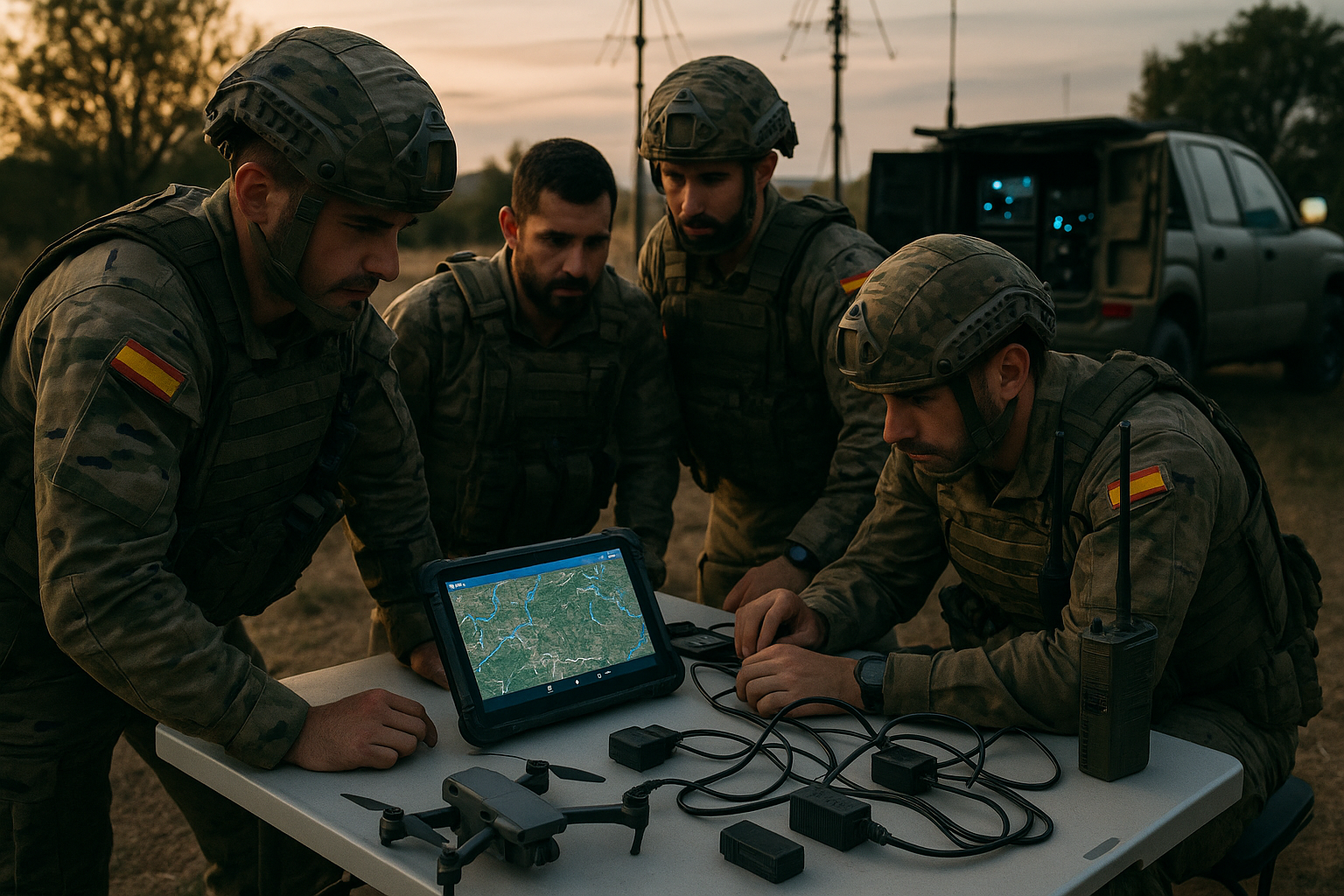 Equipo táctico desplegado con sistemas de mando, sensores y comunicaciones