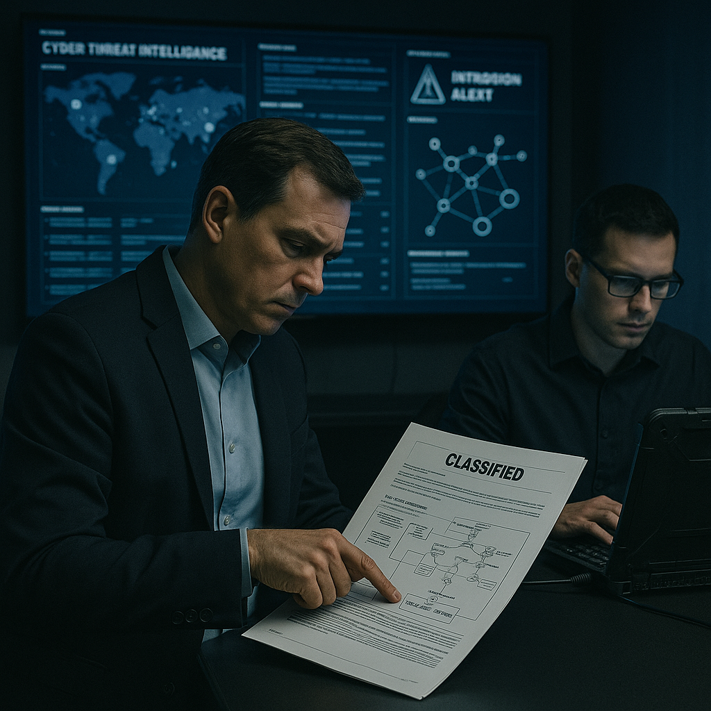 Analistas de ciberdefensa revisando panel de amenazas y cadena de suministro